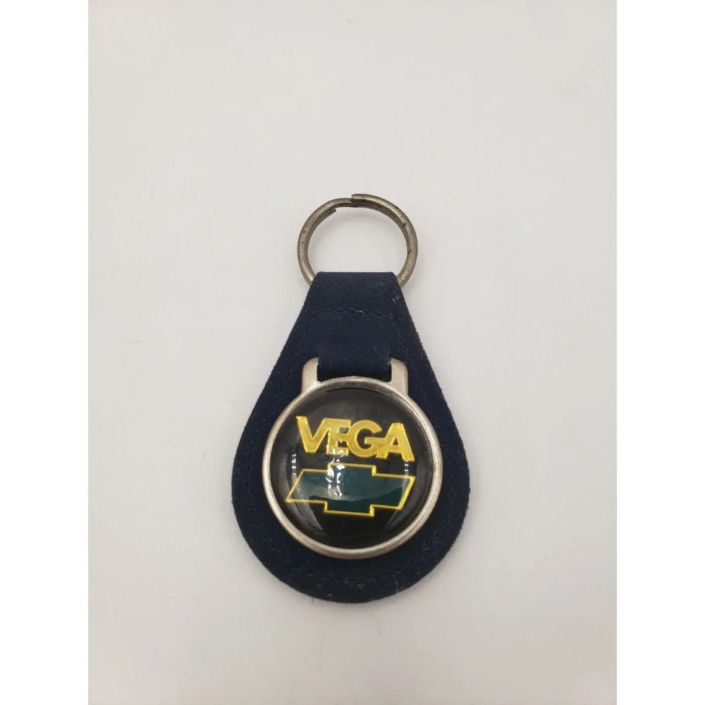 Vtg Chevrolet Vega Leather Keychain Key Fob Dark Blue Suede Teardrop Medallion